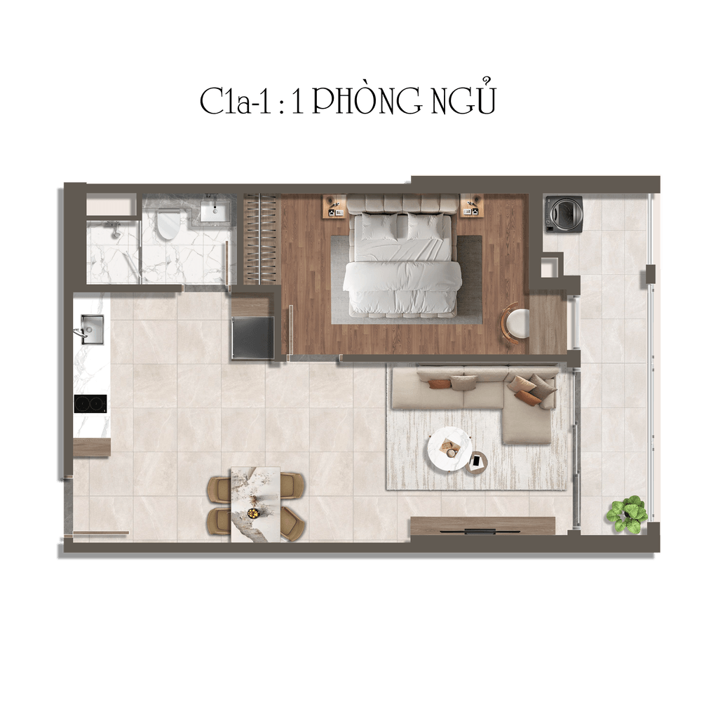 Bản vẽ mặt bằng căn hộ CH C1A (Layout) (1PN) - Tháp 11 The Privé