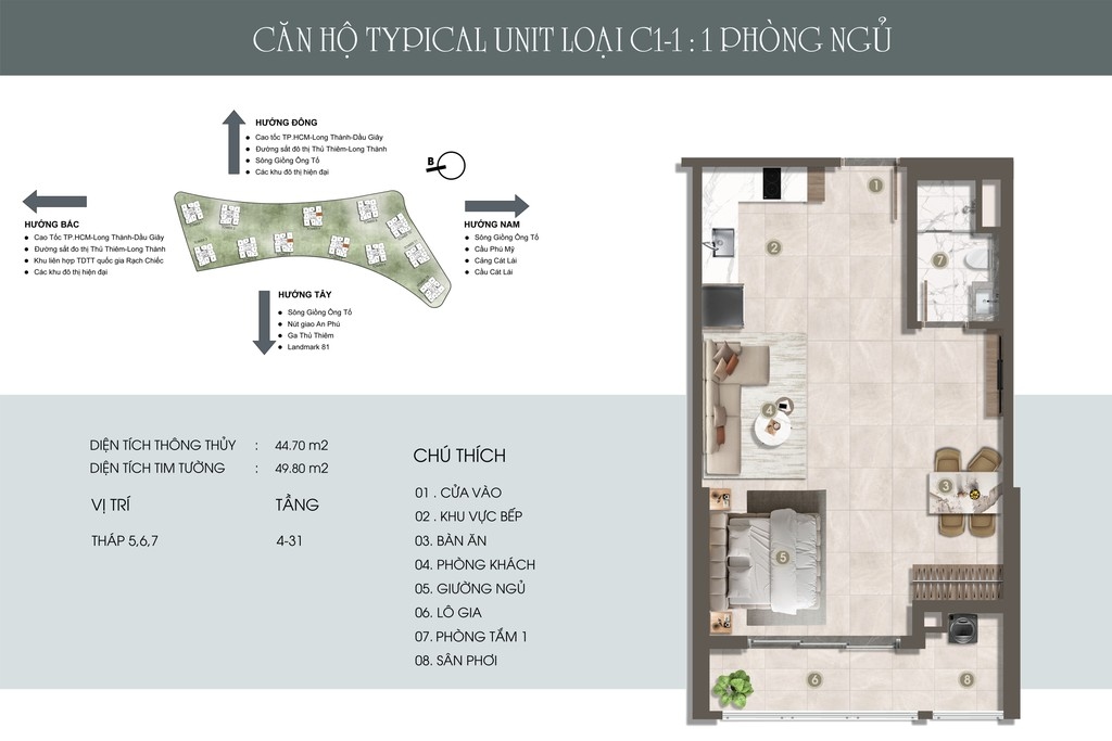 Bản vẽ mặt bằng căn hộ CH C1 (1PN) - Tháp 5–7 The Privé